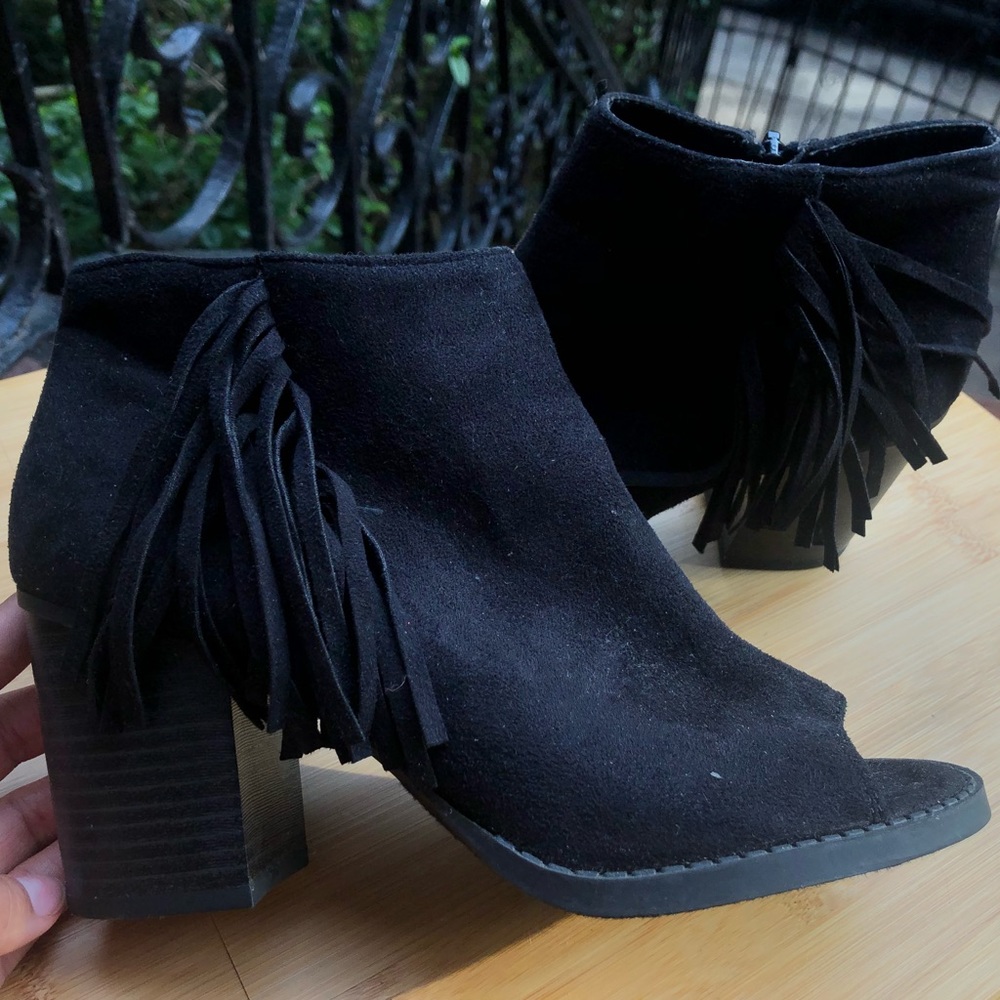 Black Suede Fringed Peep Toe Booties